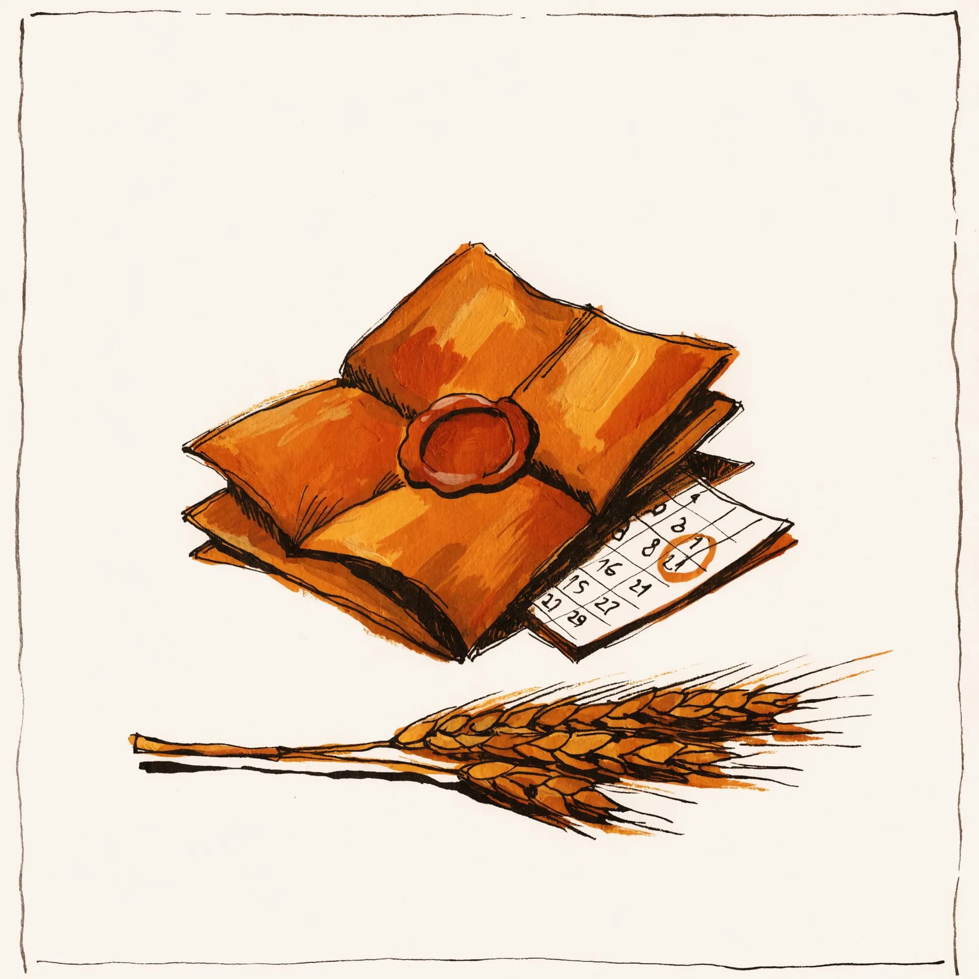 Editorial gouache illustration: a folded paper letter sealed with a molasses-orange wax stamp resting beside a small calendar page with one date circled in molasses ink, a sprig of dried wheat lying diagonal beneath, all on cream paper with a hand-drawn ink border.