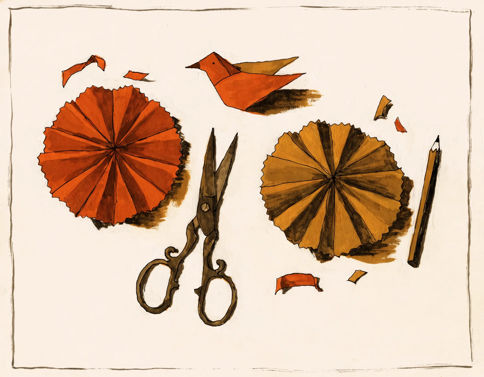 Editorial gouache illustration of a printable craft kit: vintage iron scissors, two folded paper pinwheels in molasses orange and sunday gold, a small folded paper bird, paper strips and a pencil arranged on cream paper with a hand-drawn ink border.