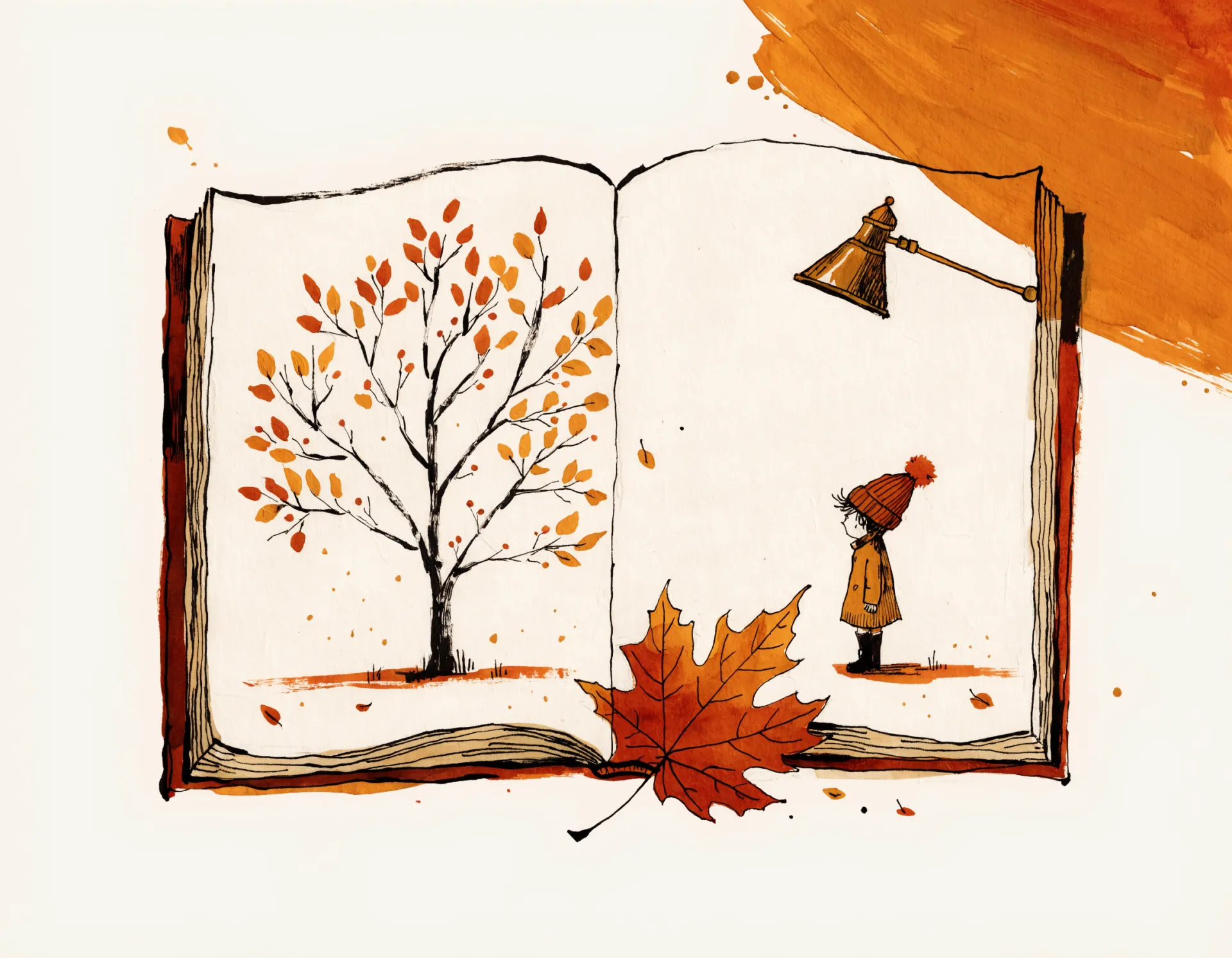 Editorial gouache illustration of an open storybook: a small painterly tree on the left page, a tiny figure on the right page, a leaf bookmark resting across the spine, a brass reading lamp leaning in from the right, painted on cream paper with a hand-drawn ink border.