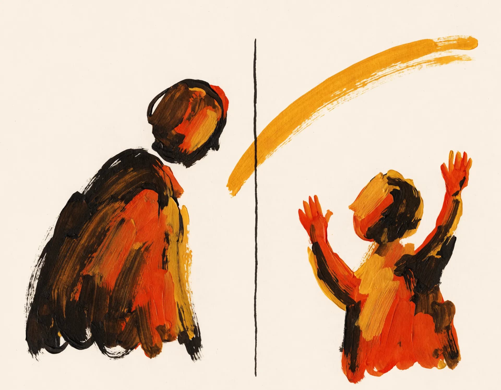 Editorial gouache illustration of a video-call game metaphor: an older figure on the left and a child raising both arms in glee on the right, separated by a vertical hand-drawn screen rule, connected by a sweeping sunday-gold brushstroke arc.