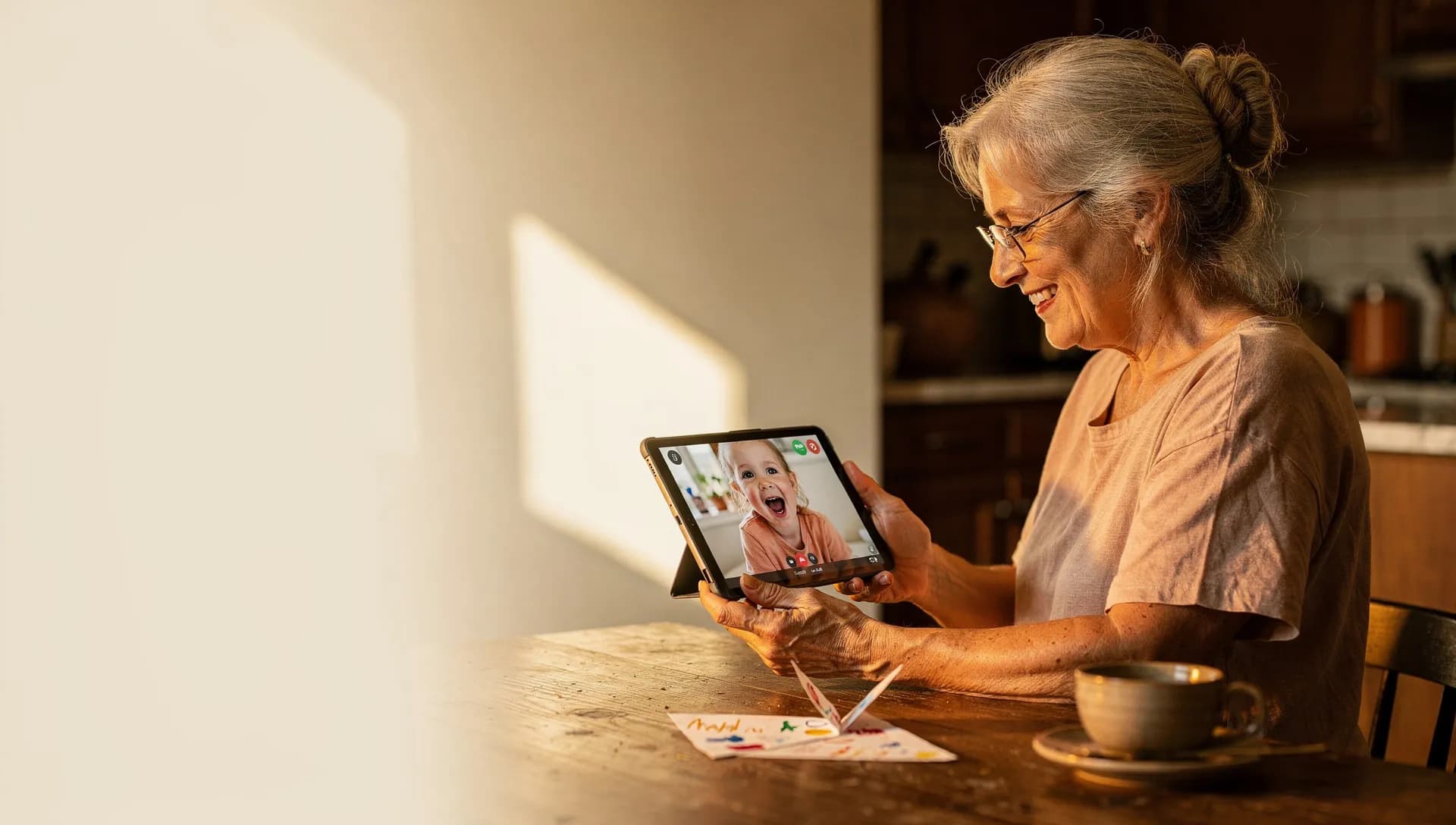 A grandmother smiles softly at a tablet showing her young grandchild laughing, late golden-hour window light streaming across a cream wall, paper craft and tea cup on the wooden kitchen table.